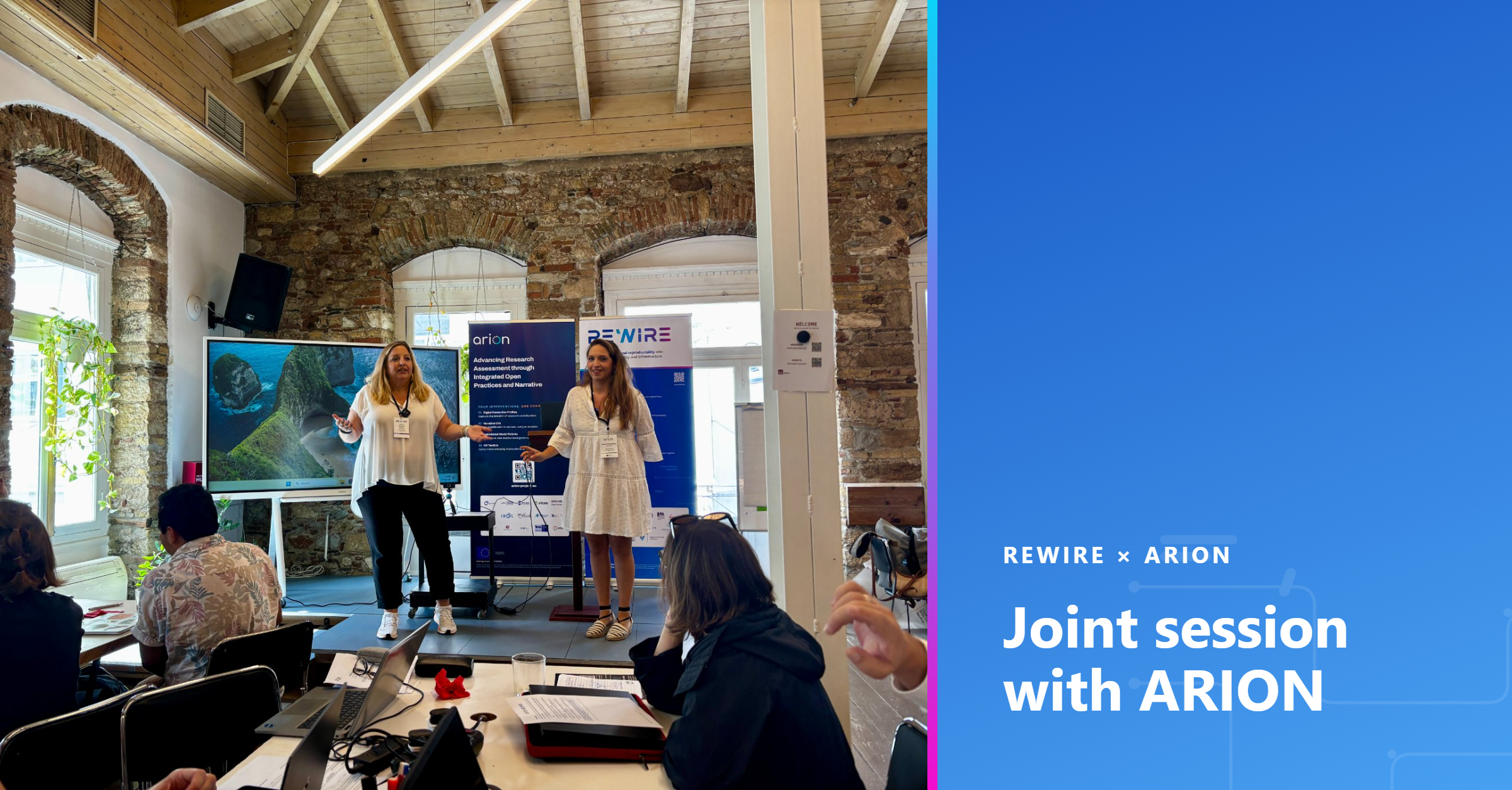 Two presenters lead the joint REWIRE–ARION session in Athens.